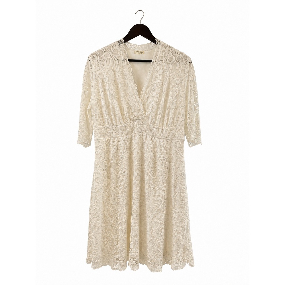 Kiyonna Lace Dress Women 2X Ivory NWT V-Neck 3/4 Sleeve Fit & Flare Cocktail